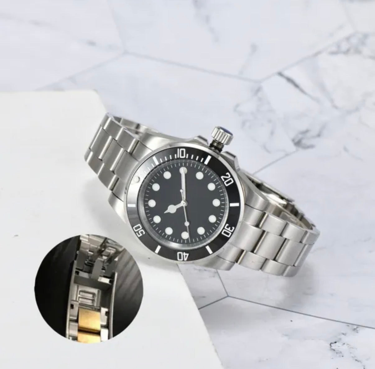 Men's Automatic Stainless Steel No Date Diver Watch 40mm Black Bezel Oyster Bracelet Black Dial